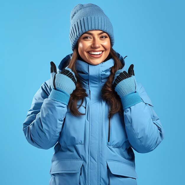 Mulher jovem com roupas quentes e acolchoadas de inverno