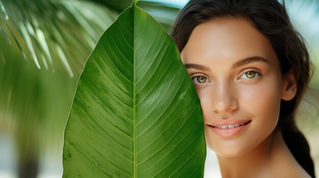 Mulher jovem com um belo rosto de pele de carro com folha verde