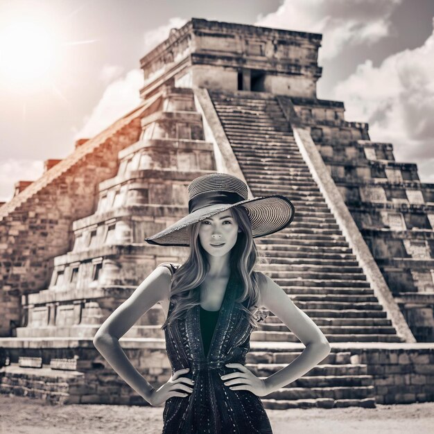 Mulher jovem com um chapéu no fundo de chichen itza