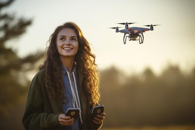 Mulher jovem com um drone voador com IA gerativa