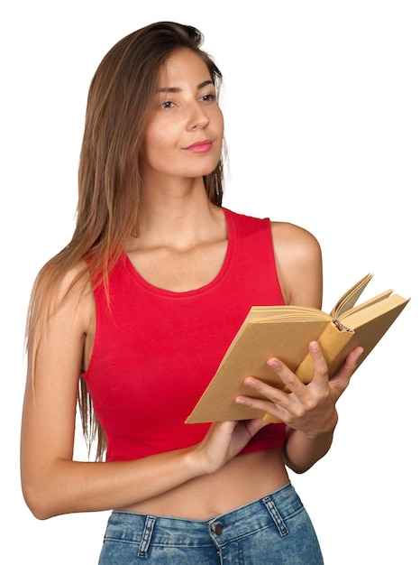 Mulher jovem, com, um, livros, pilha