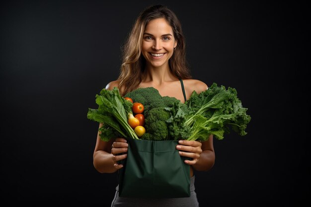 Foto mulher jovem com um saco ecológico cheio de verdes