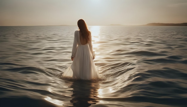 Mulher jovem com um vestido de noiva branco no mar ao pôr do sol