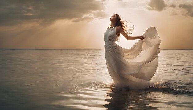 Mulher jovem com um vestido de noiva branco no mar ao pôr do sol