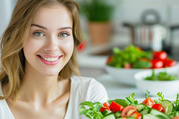 Mulher jovem com uma refeição saudável de salada