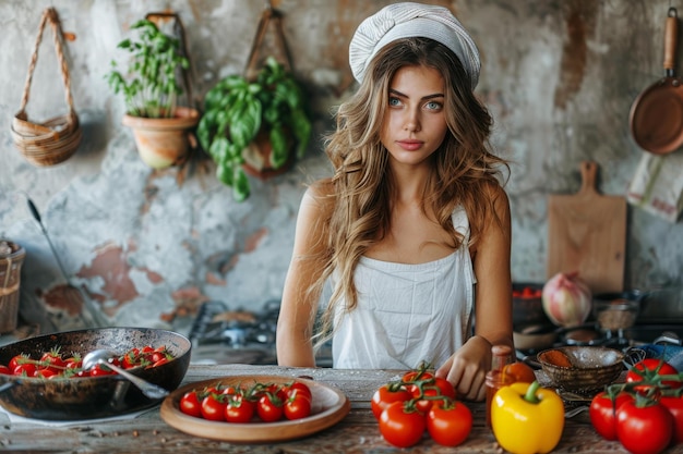 Mulher jovem com vegetais frescos na cozinha rústica