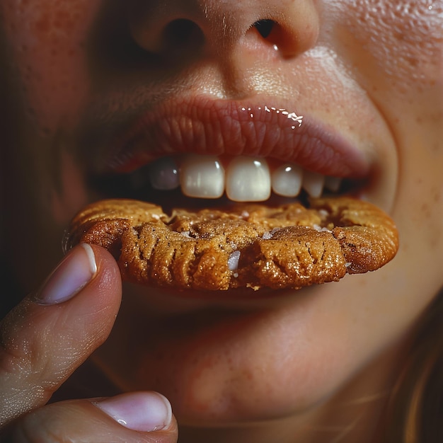 Foto mulher jovem comendo biscoito isolada