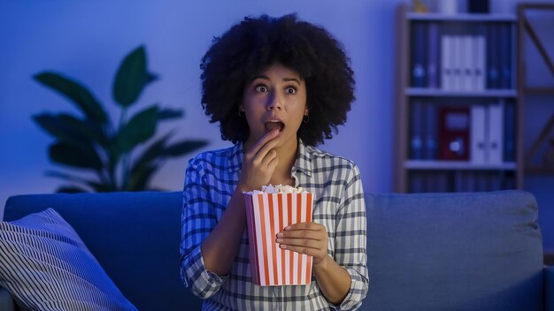 Foto mulher jovem comendo pipoca enquanto assiste com incredulidade a algo na televisão