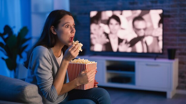 Foto mulher jovem comendo pipoca enquanto assiste com incredulidade a algo na televisão