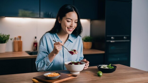 Mulher jovem comendo uma tigela asiática saudável com atum e salada na cozinha moderna em casa