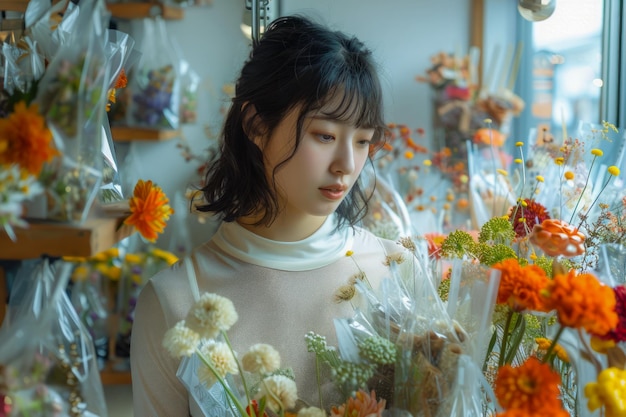 Mulher jovem comprando flores frescas em uma florista cercada por uma variedade de flores coloridas