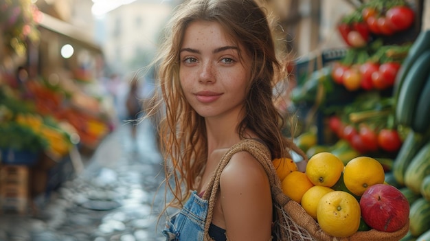 Mulher jovem comprando produtos frescos em um mercado local