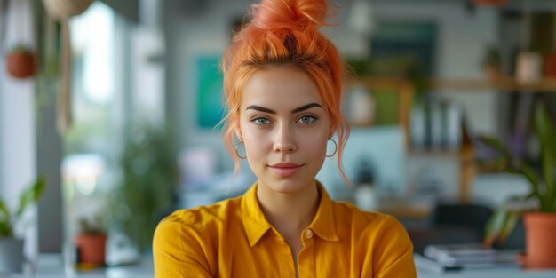 Mulher jovem confiante com cabelos elegantemente tingidos posa em um ambiente de escritório vibrante oferecendo espaço de cópia