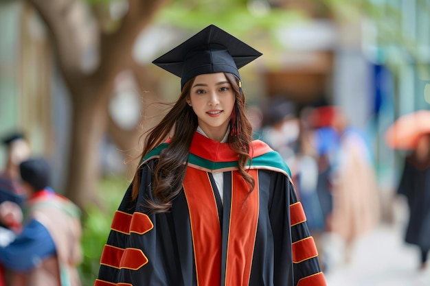 Mulher jovem confiante com vestido de formatura e boné caminhando ao ar livre com outros graduados