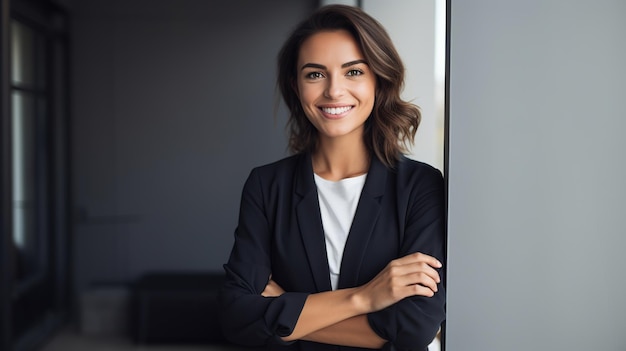 Mulher jovem confiante e positiva sorrindo contra um pano de fundo cinza moderno