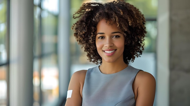 Mulher jovem confiante sorrindo em um ambiente de escritório moderno estilo profissional casual capturado em luz natural perfeito para representação diversificada AI