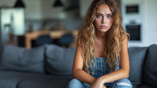 Mulher jovem contemplando em casa um retrato de estilo de vida casual e descontraído