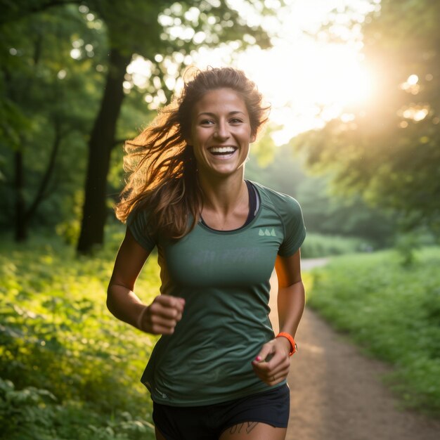 Foto mulher jovem correndo em uma trilha da floresta sorrindo e feliz