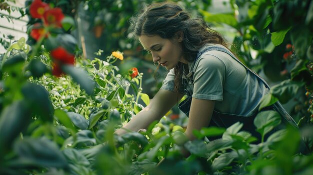 Mulher jovem cuida das águas do jardim fertiliza as plantas de ameixas