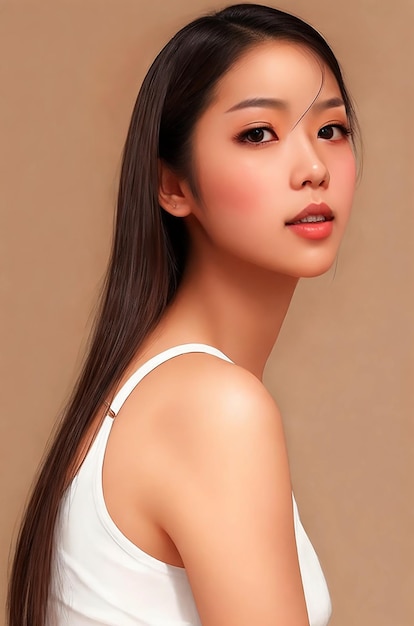 Mulher jovem de beleza asiática com cabelo comprido modelo com estilo de maquiagem coreana no rosto e pele perfeita