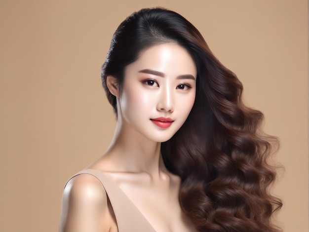 Mulher jovem de beleza asiática com estilo de maquiagem coreana Pele perfeita em fundo bege isolado