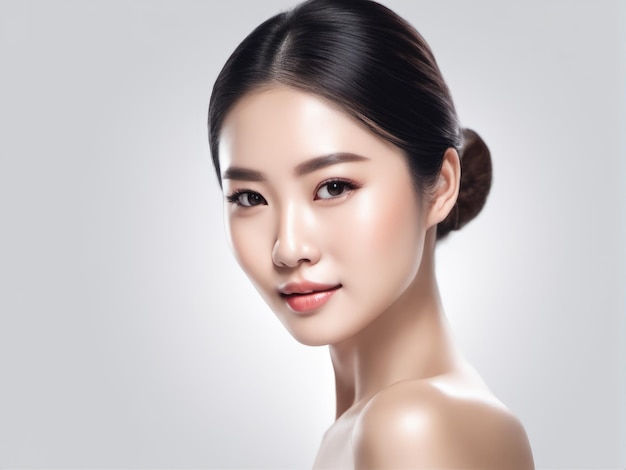 Mulher jovem de beleza asiática com pele perfeita em fundo branco isolado Tratamento facial Cosmetologia