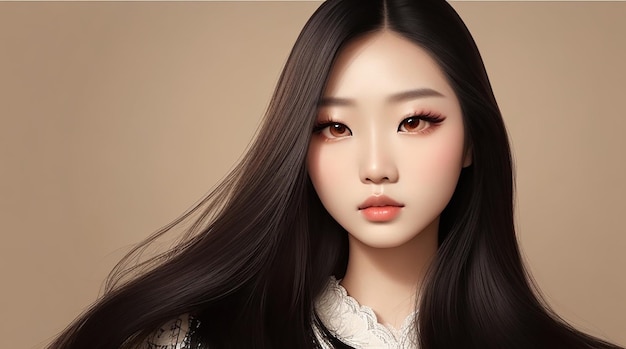 Mulher jovem de beleza asiática modelo cabelo comprido com estilo de maquiagem coreana no rosto e pele perfeita