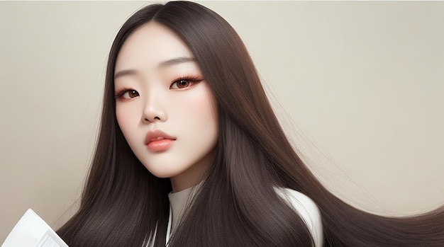 Mulher jovem de beleza asiática modelo cabelo comprido com estilo de maquiagem coreana no rosto e pele perfeita