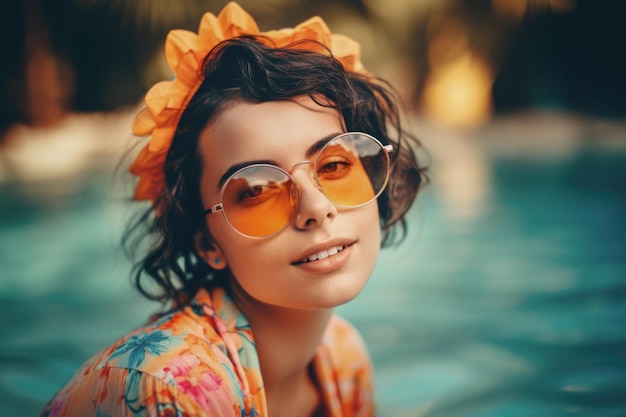 Mulher jovem de beleza em óculos de sol desfrutando de suas férias de verão na piscina generative ai