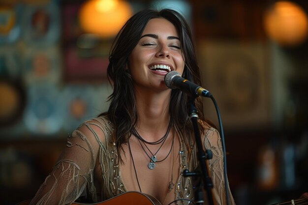 Foto mulher jovem de cabelo escuro tocando música ao vivo no palco de um bar aconchegante com iluminação quente