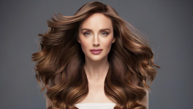 Foto mulher jovem de cabelos castanhos com cabelos volumosos perfeitamente densos, ondulados e brilhantes. arte de cabeleireiro.