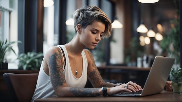 Mulher jovem de cabelos curtos trabalhando em laptop em um café sorrindo e olhando para a câmera garota com tatuagem designer freelancer ou estudante trabalhando em laptop de computador na mesa