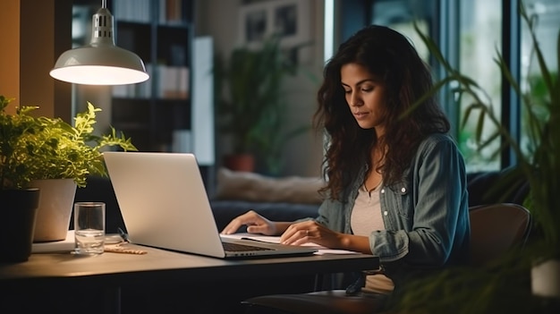 Mulher jovem de escritório em casa teletrabalhando com laptop em casa