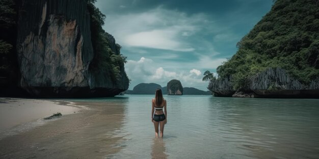 Mulher jovem de fato de banho caminhando na praia na Tailândia