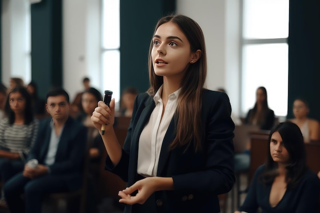 mulher jovem de fato de negócios empresário profissional dando seminário na frente da audiência