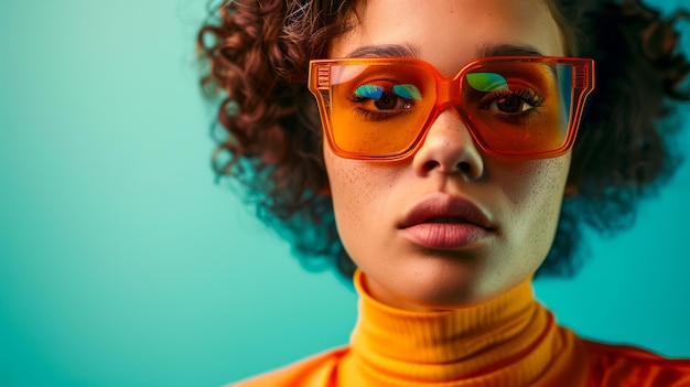 Mulher jovem de moda com cabelo encaracolado e óculos de sol laranja em fundo de teal Retrato de
