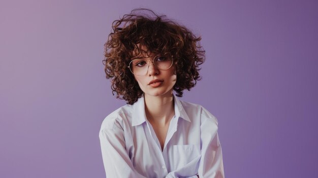 Mulher jovem de moda com cabelo encaracolado usando óculos e uma camisa branca posando com confiança