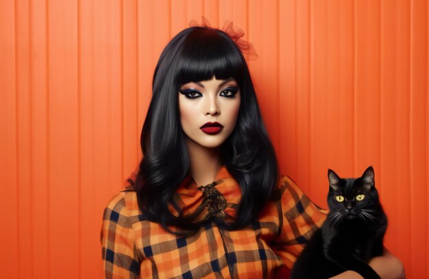 Mulher jovem de moda com gato preto em fundo laranja listrado