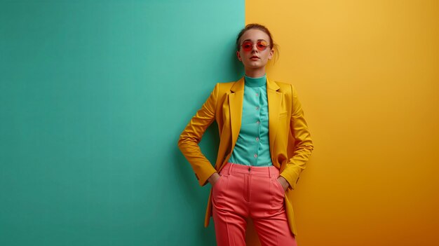 Mulher jovem de moda com jaqueta amarela, calças vermelhas e óculos de sol posando em fundo colorido