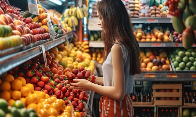 Mulher jovem de pé e comprando frutas em uma loja de frutas na rua