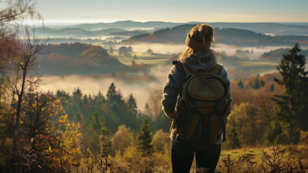 Mulher jovem de pé no topo de uma colina com vista para um belo vale nebuloso Ela está usando uma mochila e olhando para a vista