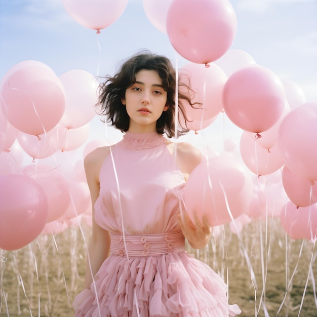 Mulher jovem de pé num campo de balões cor-de-rosa