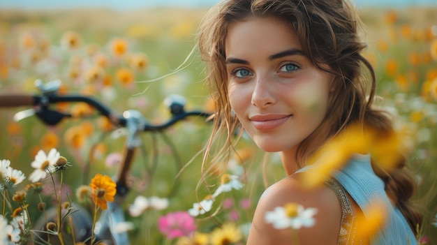 Mulher jovem de pé num campo de flores