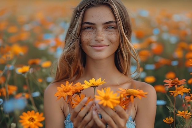 Mulher jovem de pé num campo de flores