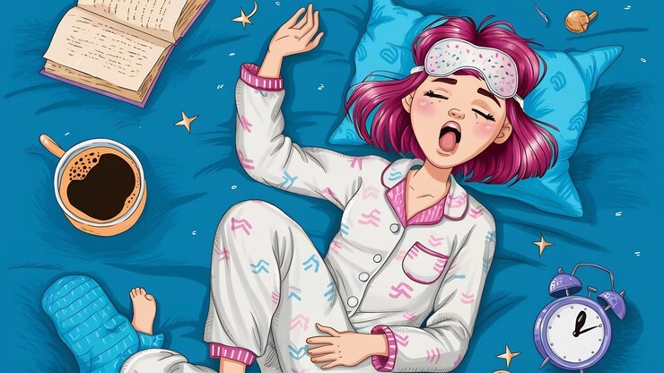 Foto mulher jovem de pijama e máscara de sono bocejando no azul