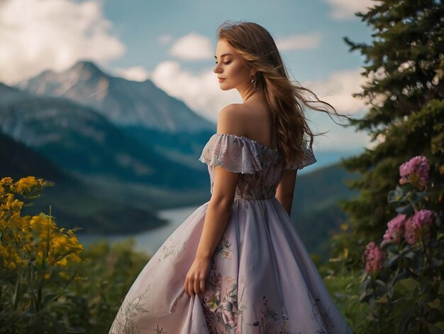 Mulher jovem de vestido admira a beleza da natureza