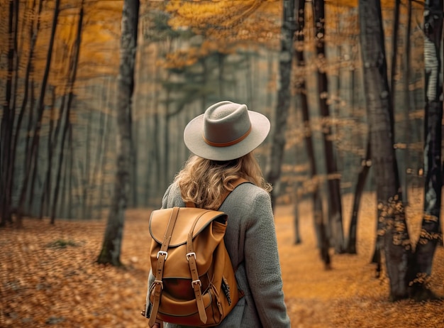 Mulher jovem de viagem vestindo chapéu castanho camisa a quadros jeans e botas castanhas com mochila olhando para o maravilhoso desfiladeiro com musgo nas rochas depois de caminhadas Criado com tecnologia de IA generativa