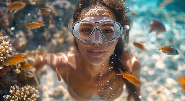 Foto mulher jovem debaixo d'água com peixes de recife durante o mergulho com snorkel em férias tropicais de verão