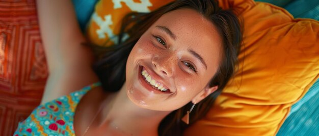 Foto mulher jovem deitada no sofá com um sorriso