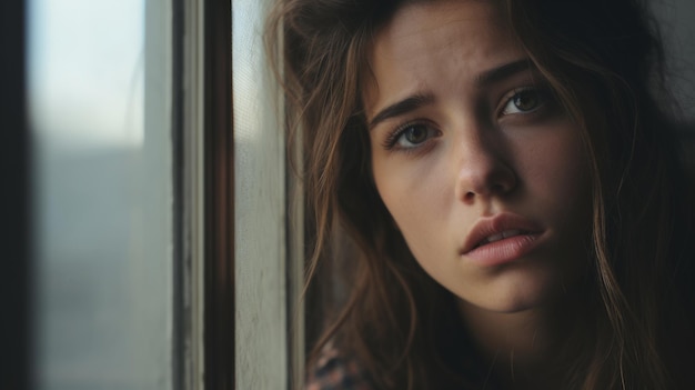 Mulher jovem deprimida perto da janela em casa em close-up